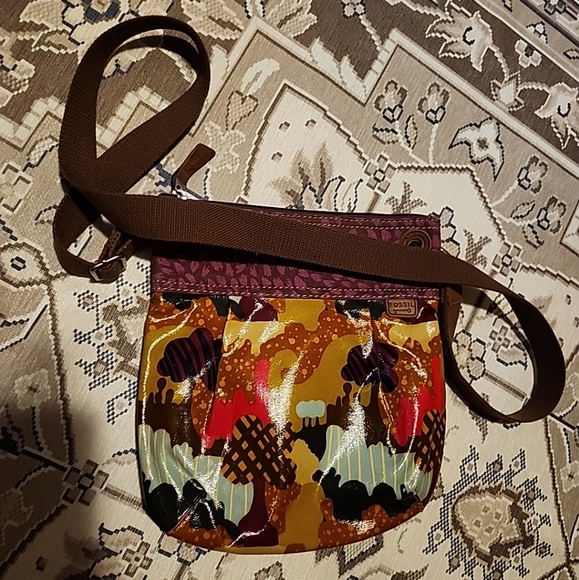 Fossil Calypso Key-Per Magenta geometric trees canvas vynal Crossbody Bag boho - Picture 9 of 12